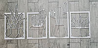 Декоративное панно Кактусы из четырёх частей, Деревянная картина, Картина из дерева Белый, 120*50