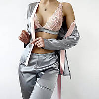 Пижама женская шелковая. Комплект атласный кружевной с длинным рукавом, штанами и топом. Размер M (серый)