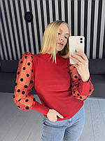 Гольф рубчик красная блузка с фатиновыми прозрачными рукавами 42-44 46 48