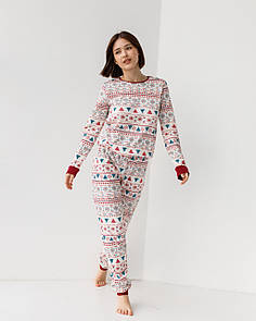 Якісна жіноча піжама зі штанами з новорічним принтом, натуральна піжама для жінок інтерлок "Лінда"