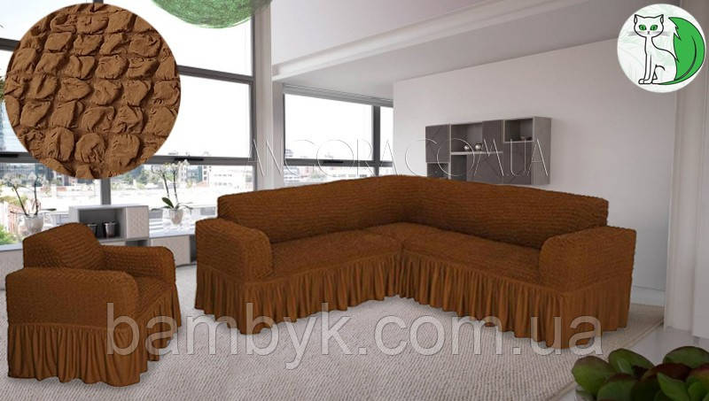 Чехол на угловой диван и кресло с оборкой темно-бежевый натяжной ...