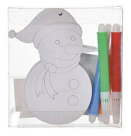 Ялинкова іграшка розмальовка Сніговик 9,5 см Jumi, набір новорічних прикрас 3 шт, 4 фломастери