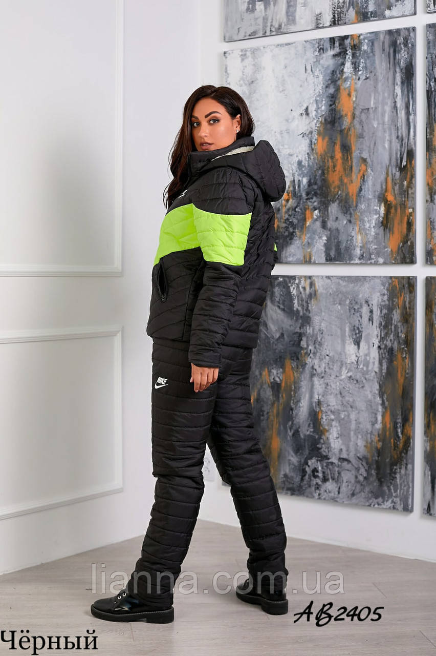 Зимний лыжный женский спортивный костюм на синтепоне и овчине чёрный с лимоном 42 44 46 48 50 52 54 56 - фото 3 - id-p1529453833
