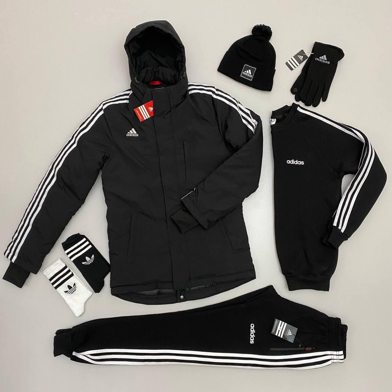 Куртка чоловіча зимова тепла Adidas Originals подовжена із костюмом комплект 7в1 чорна Туреччина. Живе фото
