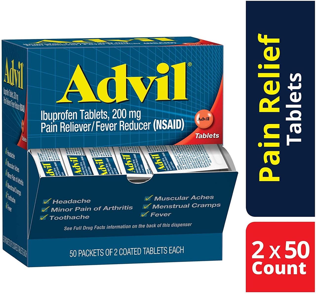 Advil USA 200 мг знеболювальний засіб ібупрофен США 50 пакетів по 2 таблетки