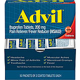 Advil USA 200 мг знеболювальний засіб ібупрофен США 50 пакетів по 2 таблетки, фото 2