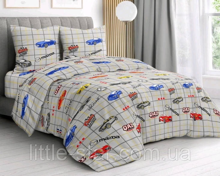 Комплект дитячої постільної полуторного білизни Гонки, Бязь люкс, Тиротекс, сірий