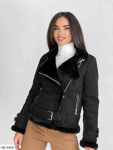 Дубленка женская черная зимняя авиатор косуха экозамша. Размеры: S (42 ...