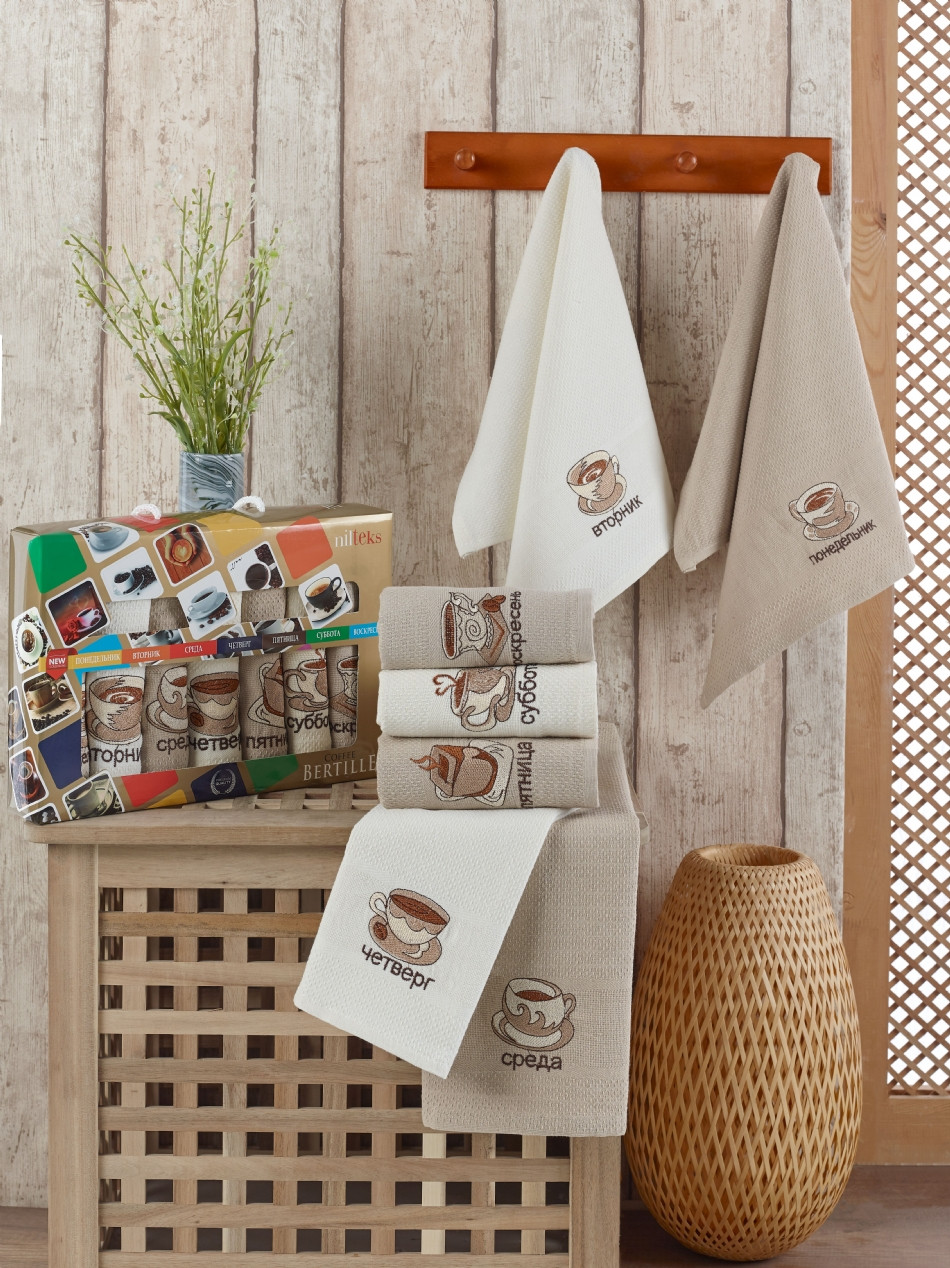 Набір турецьких кухонних рушників Niltex "Неделька" Кава 40х60см (7 шт), фото 1