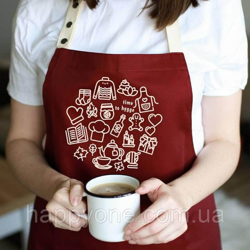 Прикольний жіночий новорічний фартух для кухні Time to hygge (бордовий)