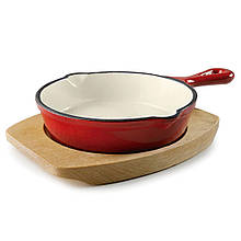 Сковорода порційна червона d-13,5 см на дерев’яній підставці Lacor (25853)