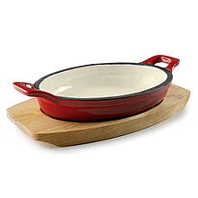 Сковорода порційна червона 17,5х12,5 см на дерев’яній підставці Lacor (25852)