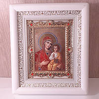Густинська чудотворна ікона Божої матері, лик10х12 см, у білому дерев'яному кіоті з камінням