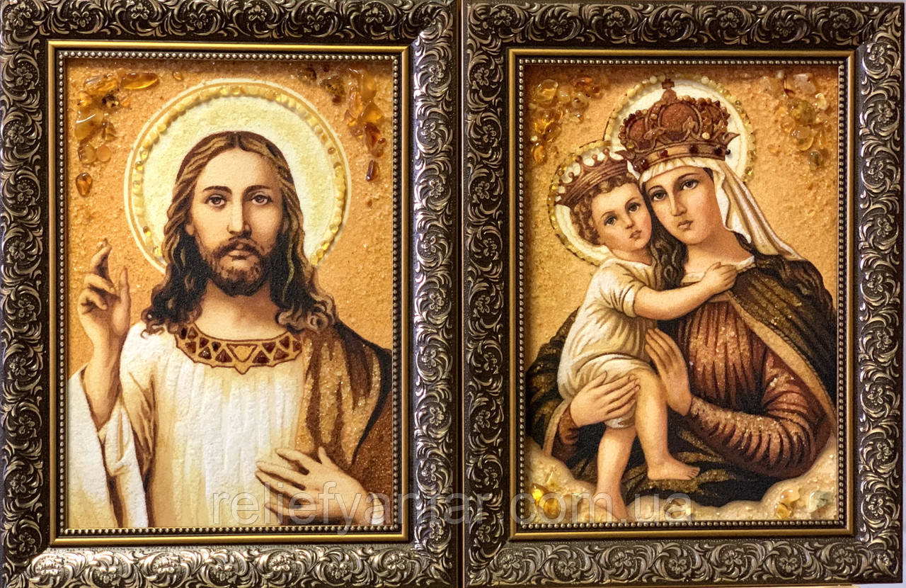 Бурштинова пара ікон Католицька , ікони з бурштину пара 20x30 см