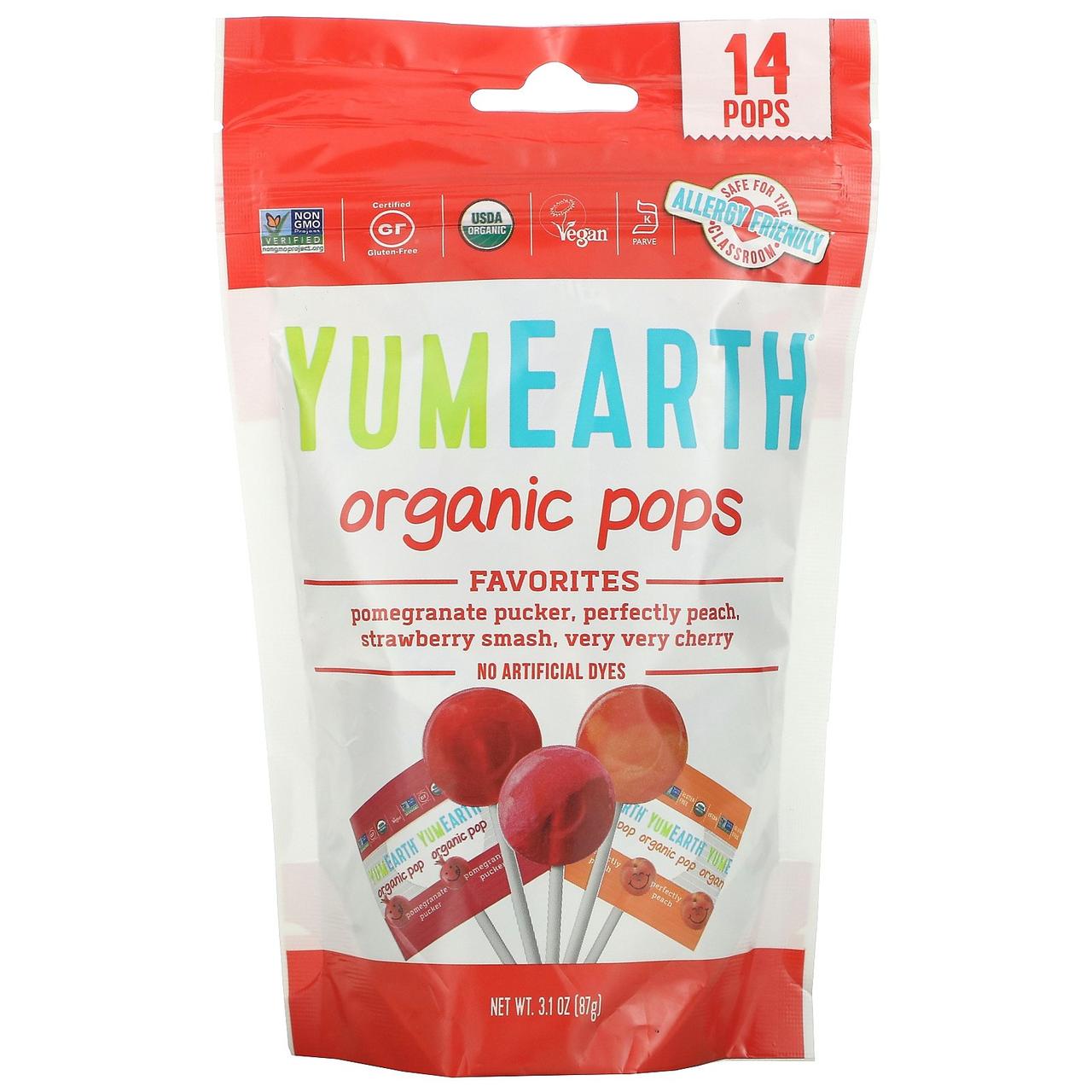 Органічні натуральні фруктові цукерки-льодяники на паличці, Асорті, Yummy Earth, США, в упаковці 14 штук