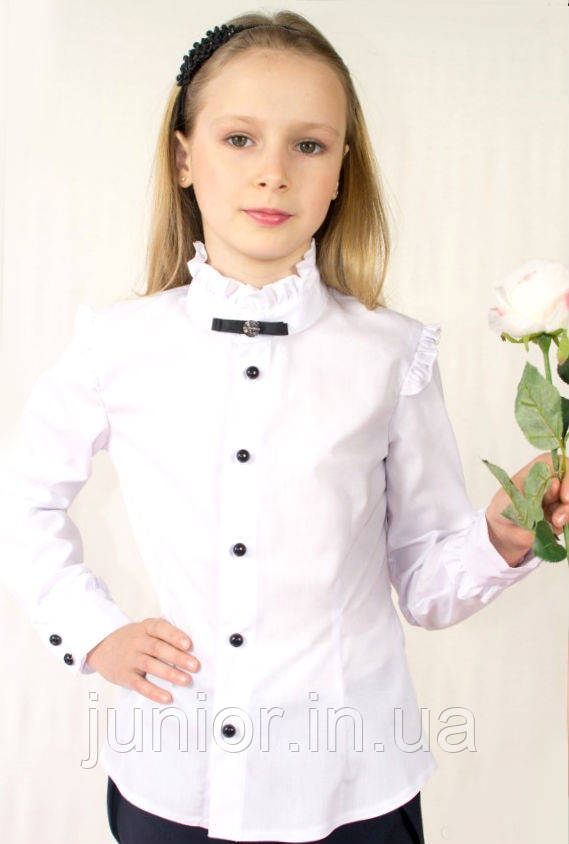 Святкова шкільна блузка з довгим рукавом,брошкою і оборками "А5015" (140р)