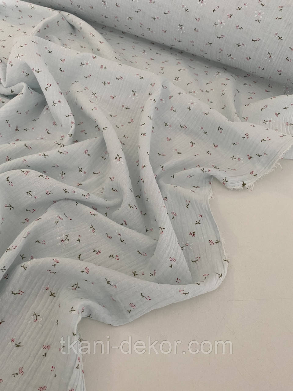 Муслін (бавовняна тканина) ромашки дрібні на блакитному, фото 1