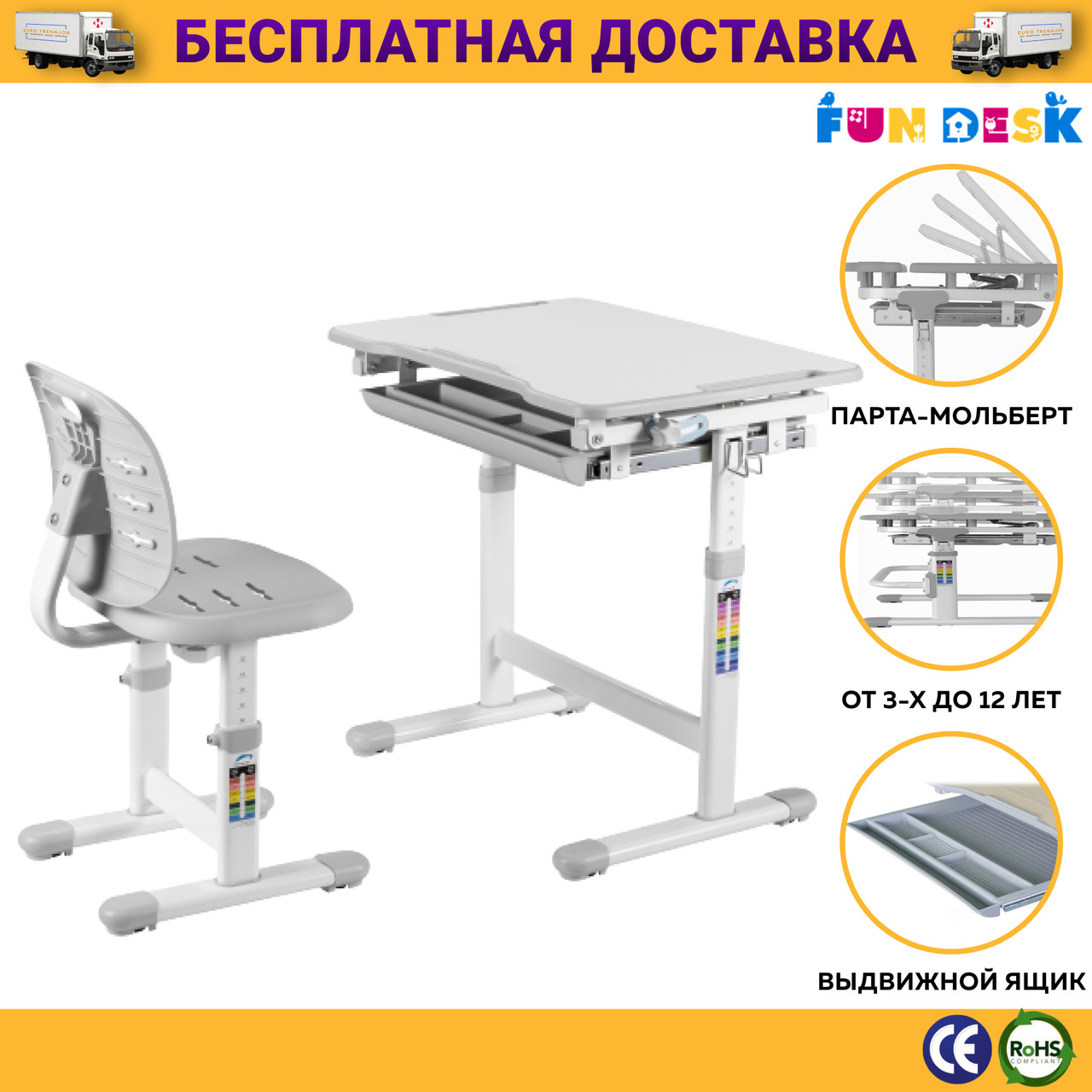Зростаючі Шкільні Парти і Стільці FunDesk Piccolino III Grey, Парта Трансформер для Школярів та Дошкільнят