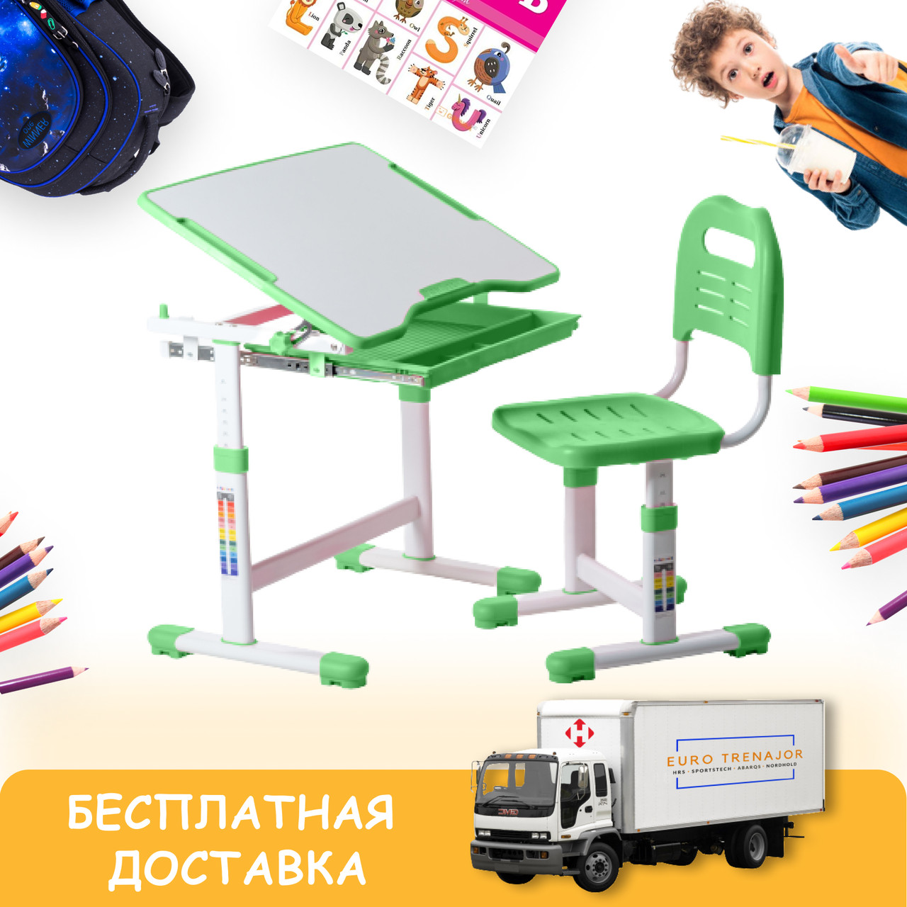Зростаюча Парта зі Стільчиком Трансформер FunDesk Sole Green,Письмовий Стіл-Парта для Школяра, Дитячі Столи