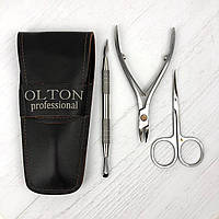 Манікюрний набір Olton Нашкірниці M, ножиці для кутикули 100 мм, лопатка-топірець, шкіряний чохол