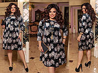 Велюровое цветочное женское платье свободного кроя до колен в больших размерах 58-60, Черный