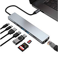 USB HUB адаптер Type-C to HDTV 4K / SD / TF / 2USB3.0 / 2Type-C 87W / RJ45, Grey