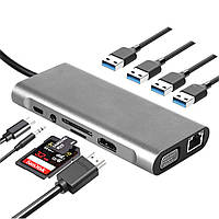 USB HUB адаптер 11 в 1 Type-C to HDTV 4К / TF / SD / Audio / Type-C / LAN 1000м / VGA 4USB 3.0, Grey