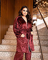 Женская стильная бархатная пижама халат с поясом и штанишки 50-54, бордо