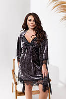 Женская бархатная мягкая пижама с кружевом халат с ночнушкой в больших размерах 50-52, Графит