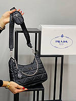 Модная женская чёрная кожаная стёганая сумка Prada Прада