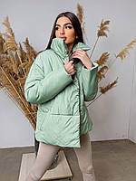 Жіноча зимова куртка з коміром стійкою і поясом без капюшона коротка дута (р. 42-46) 501716