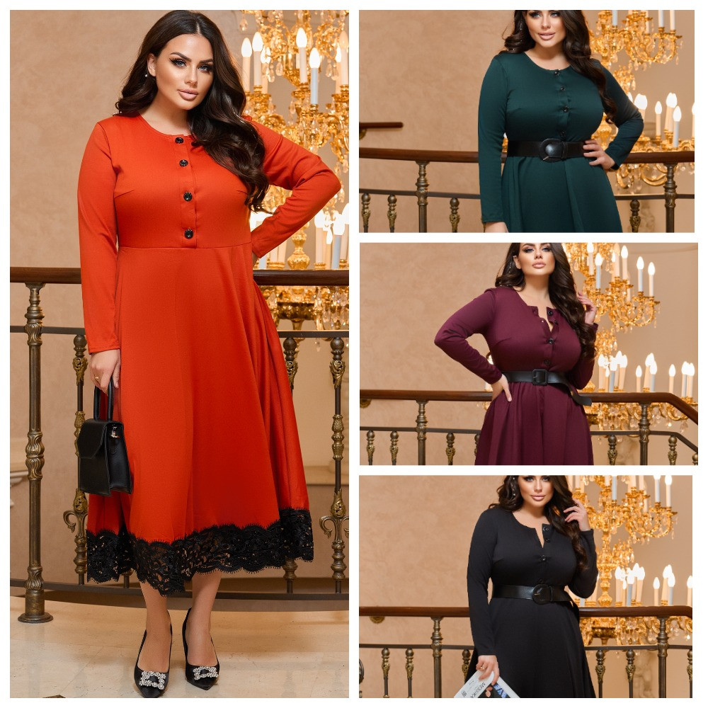 Платье А-силуэта Миди с Юбкой Клеш Французский Трикотаж Большие Размеры ...