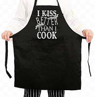 Фартух чорний кухонний з оригінальним принтом "I kiss better then i cook"
