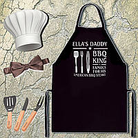 Фартух чорний кухонний з оригінальним принтом "Ella's daddy. BBQ King. Famous for his american BBQ steaks"