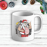 Білий кухоль (чашка) з новорічним принтом Дід Мороз з сигарою та тату