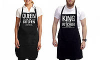 Парные фартуки черные с оригинальными принтом "Queen of the kitchen. King of the kitchen"