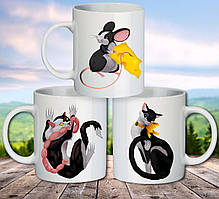 Сімейні білі чашки (кухлі) з принтом "Кішки та мишки"