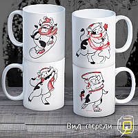 Сімейні білі чашки з принтом "Корови - Новий Рік"