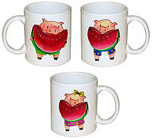 Сімейні білі чашки з принтом "Поросята з кавуном"