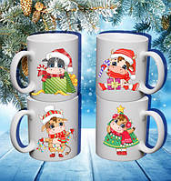 Сімейні білі чашки з принтом "Корівки. Новий Рік"