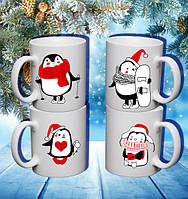 Сімейні білі чашки з принтом "Пінгвіни. Зима"