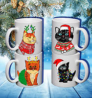 Сімейні білі чашки з принтом "Коти. Новий Рік"