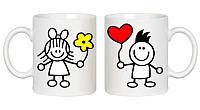 Парные белые чашки (кружки) с принтом "Девочка с цветком. Мальчик с сердцем"