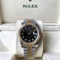 Женские Rolex Date just gold black ААА+ часы наручные на стальном браслете с календарем и сапфиром