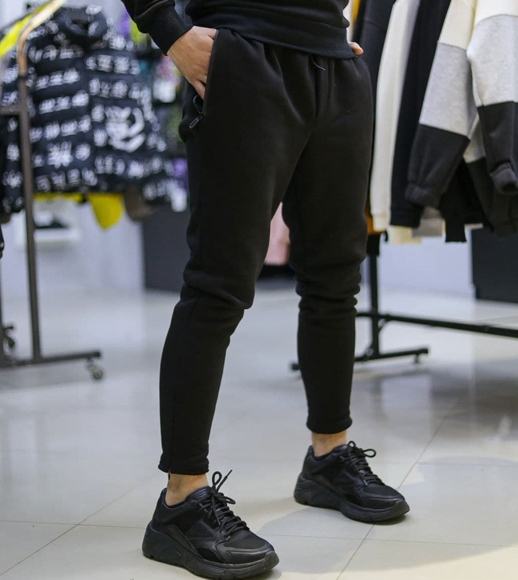 Чоловічі зимові спортивні штани фліс тринитка чорні Туреччина. Живе фото (спортивний теплі штани), фото 1