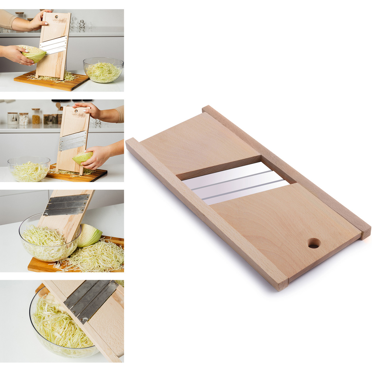 Ручна дерев'яна шатківниця для капусти і нарізки овочів і фруктів з трьома лезами Wood&Steel (15*33 см)