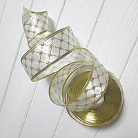 Новогодняя Лента атласная "Ромбики" цвет белый и золото 3.8 см на метраж