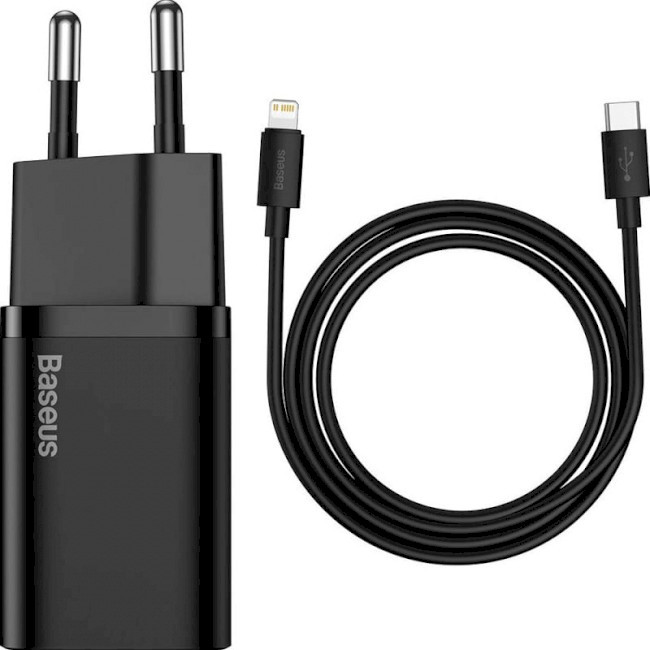 Мережевий зарядний пристрій BASEUS Super Si Quick Charger 1C 20W With Data Cable Type-C to iPhone Black