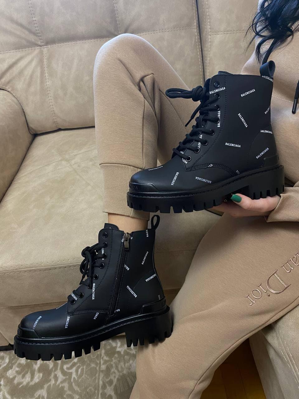 Чорні черевики з хутром високі Balenciaga Tractor boots Black Leather fur Боти зима Баленсіага Трактор, фото 1