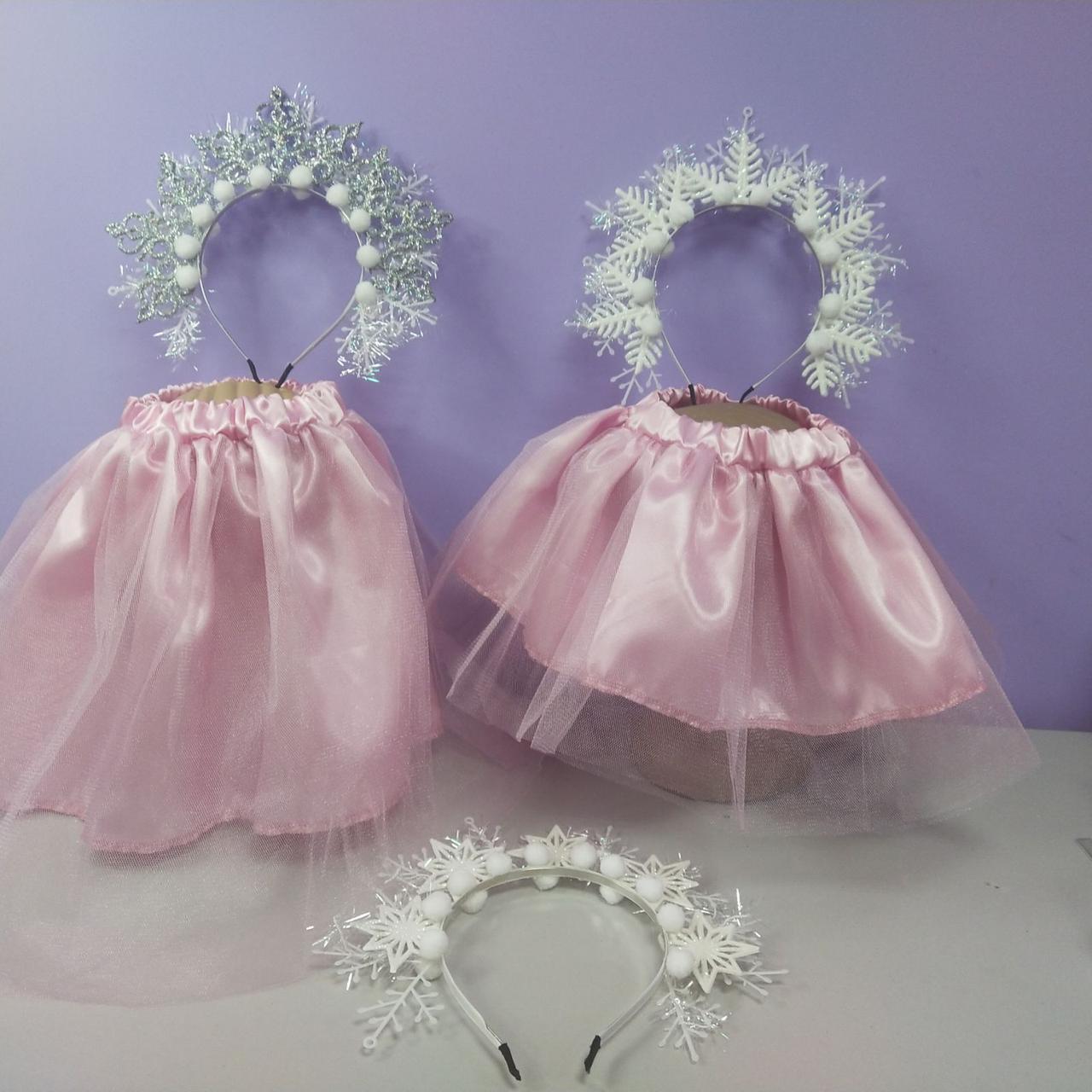 Костюм новорічний сніжинка 1-8 років спідниця рожева фатинова та обруч сніжинка 1 шт, фото 1